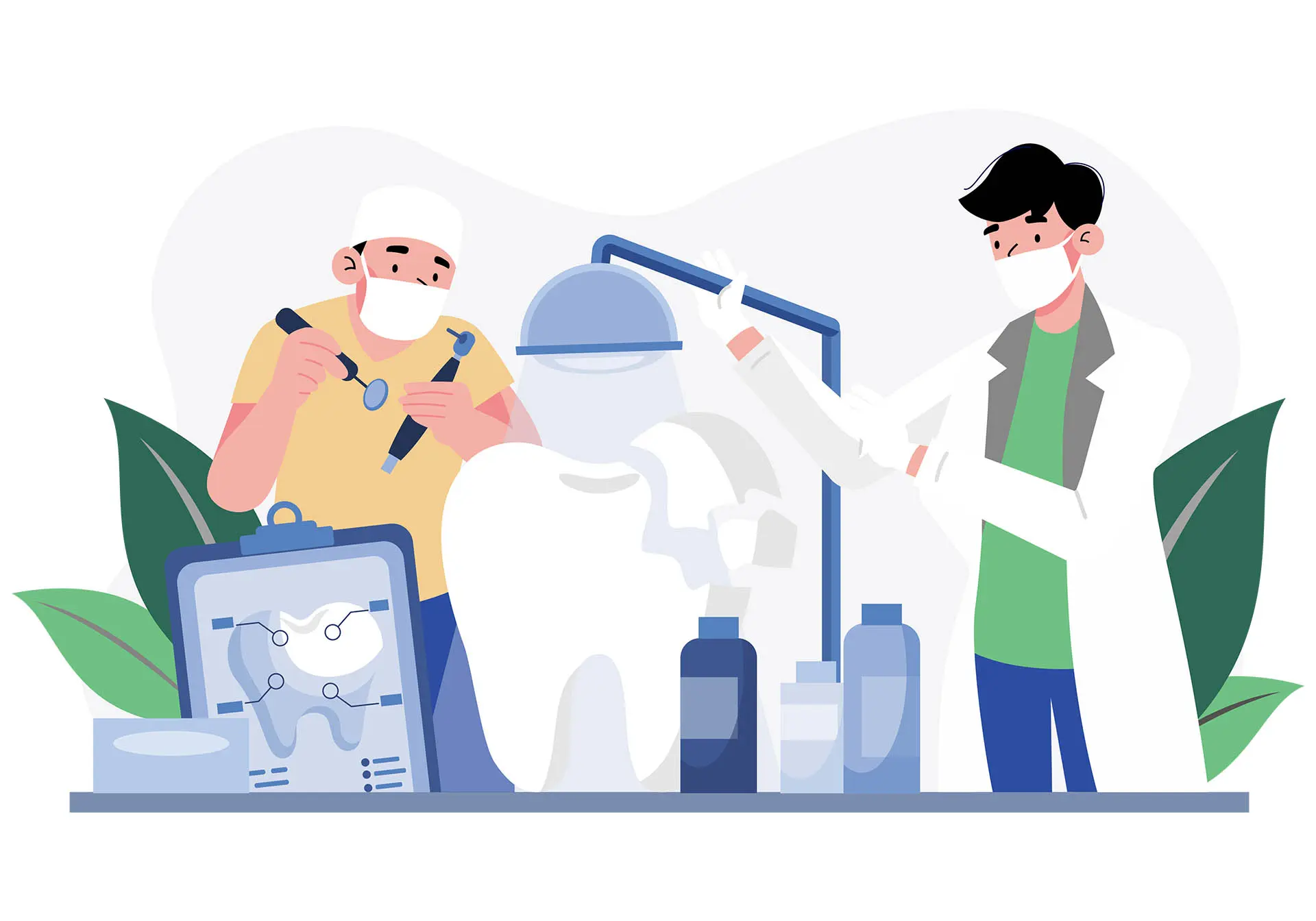 Illustration of dentists working on damaged tooth